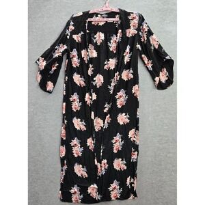 Angie Women Sweater L Black Floral Duster Kimono 3/4 Sleeve Open‎ Front